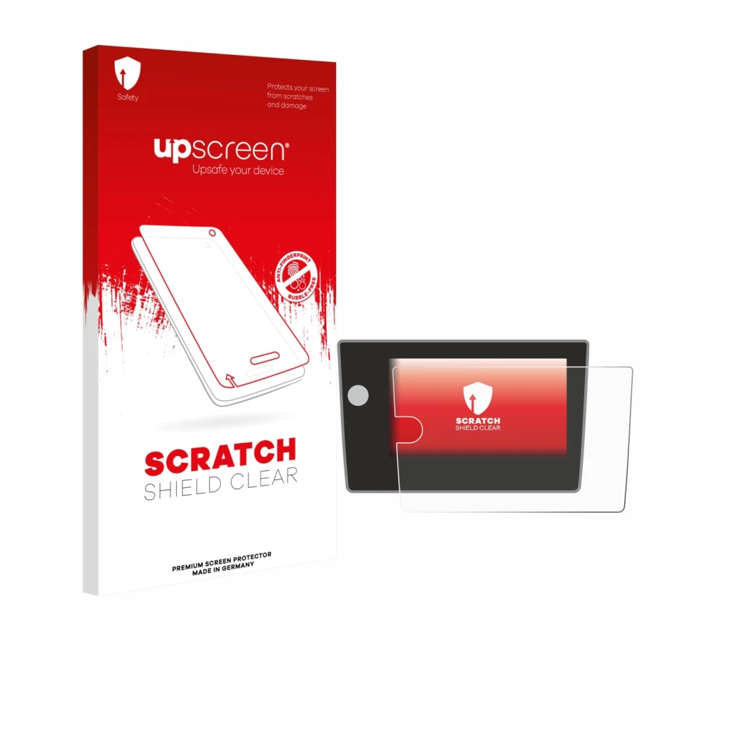 Parte frontale di una confezione del prodotto con il logo del marchio upscreen. Accanto è raffigurato il dispositivo Volkswage