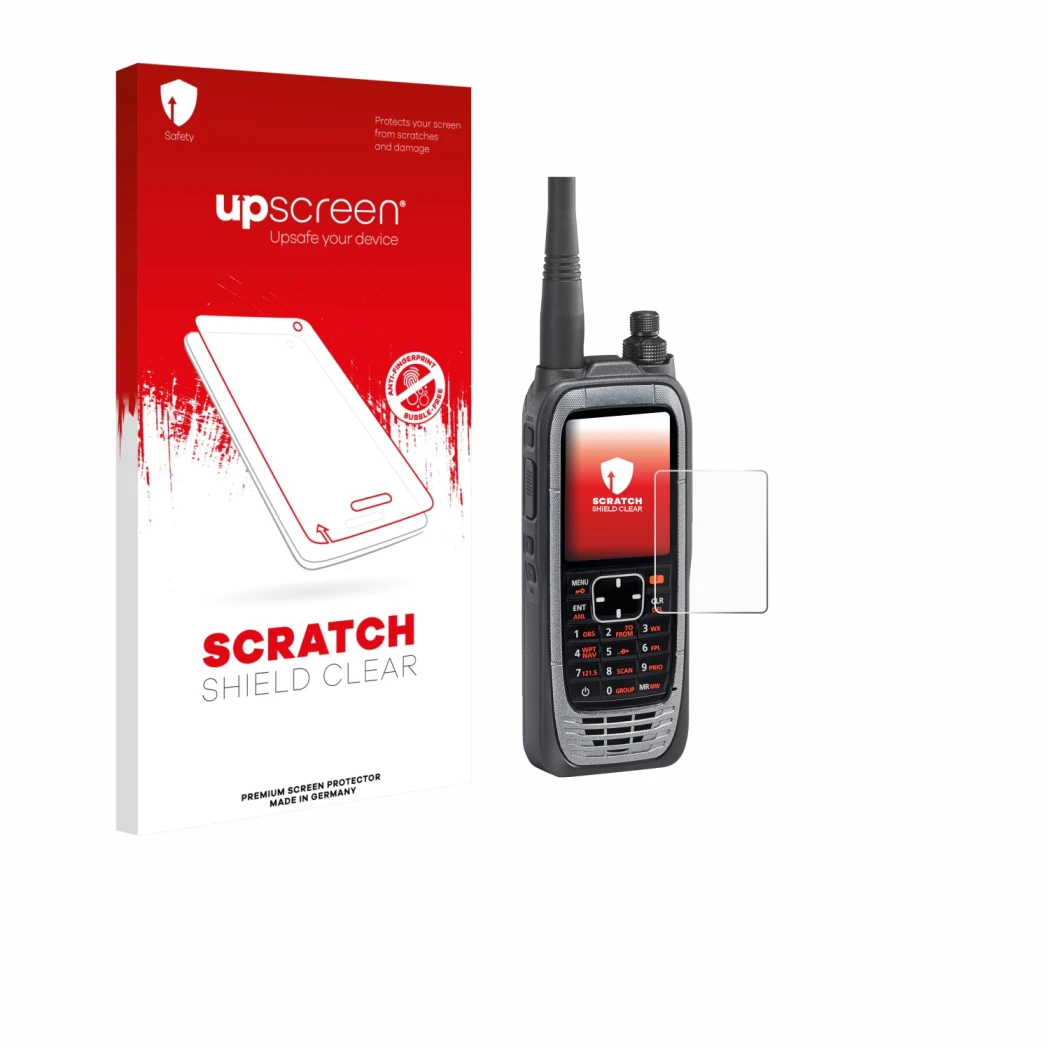 Parte frontale di una confezione del prodotto con il logo del marchio upscreen. Accanto è raffigurato il dispositivo Icom IC-A