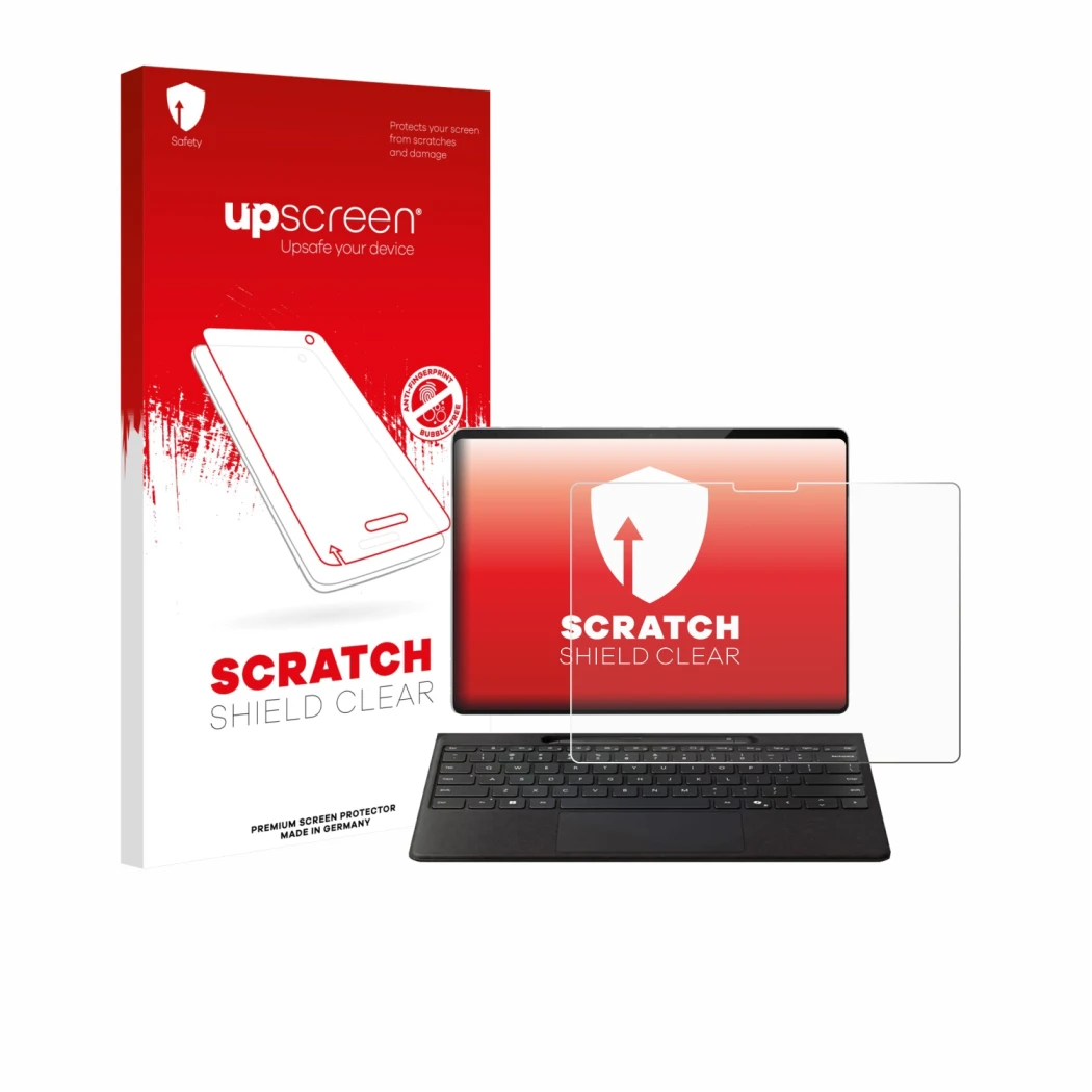 Parte frontale di una confezione del prodotto con il logo del marchio upscreen. Accanto è raffigurato il dispositivo Microsoft