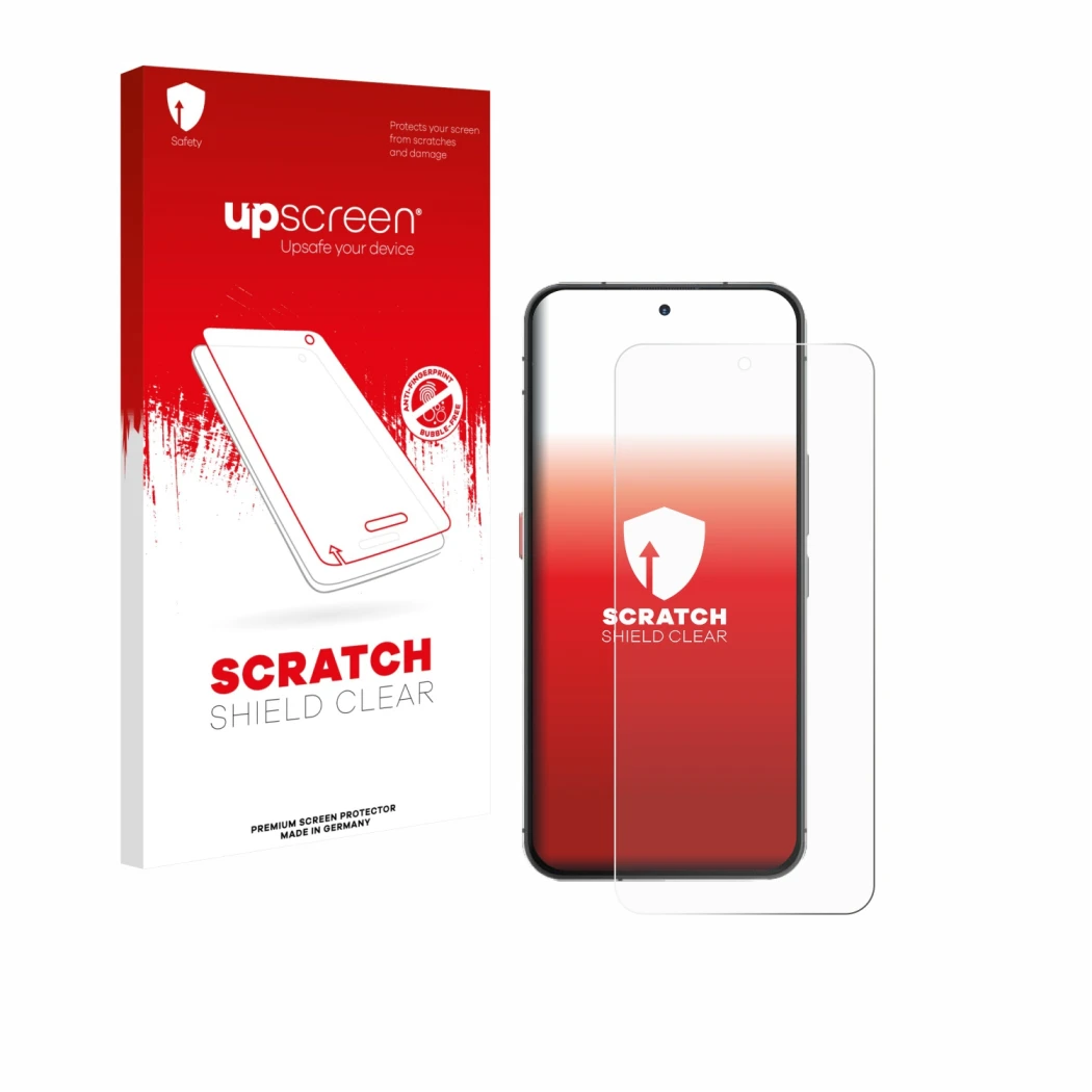 Parte frontale di una confezione del prodotto con il logo del marchio upscreen. Accanto è raffigurato il dispositivo Oukitel W