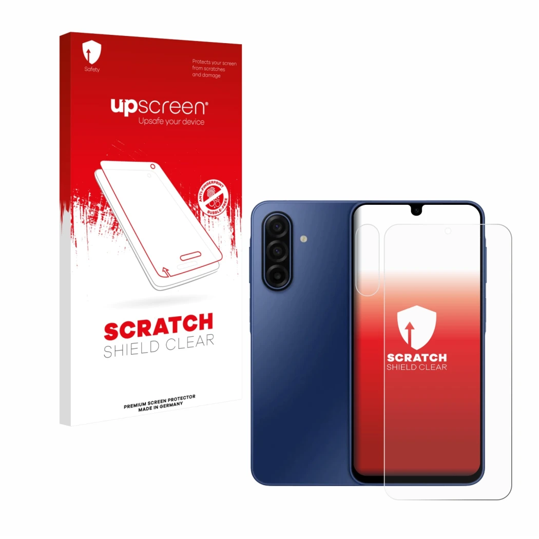 Parte frontale di una confezione del prodotto con il logo del marchio upscreen. Accanto è raffigurato il dispositivo Samsung G