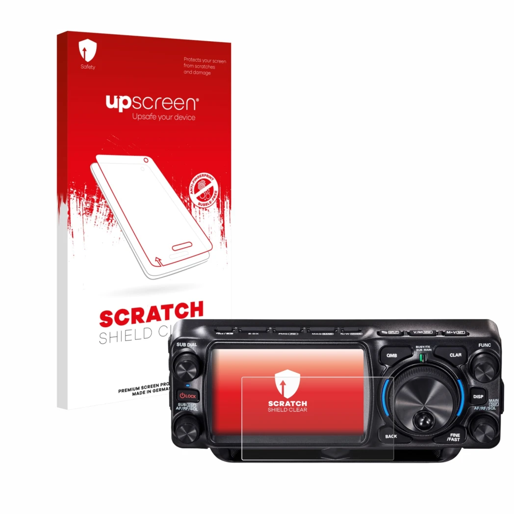 Parte frontale di una confezione del prodotto con il logo del marchio upscreen. Accanto è raffigurato il dispositivo Yaesu FTX