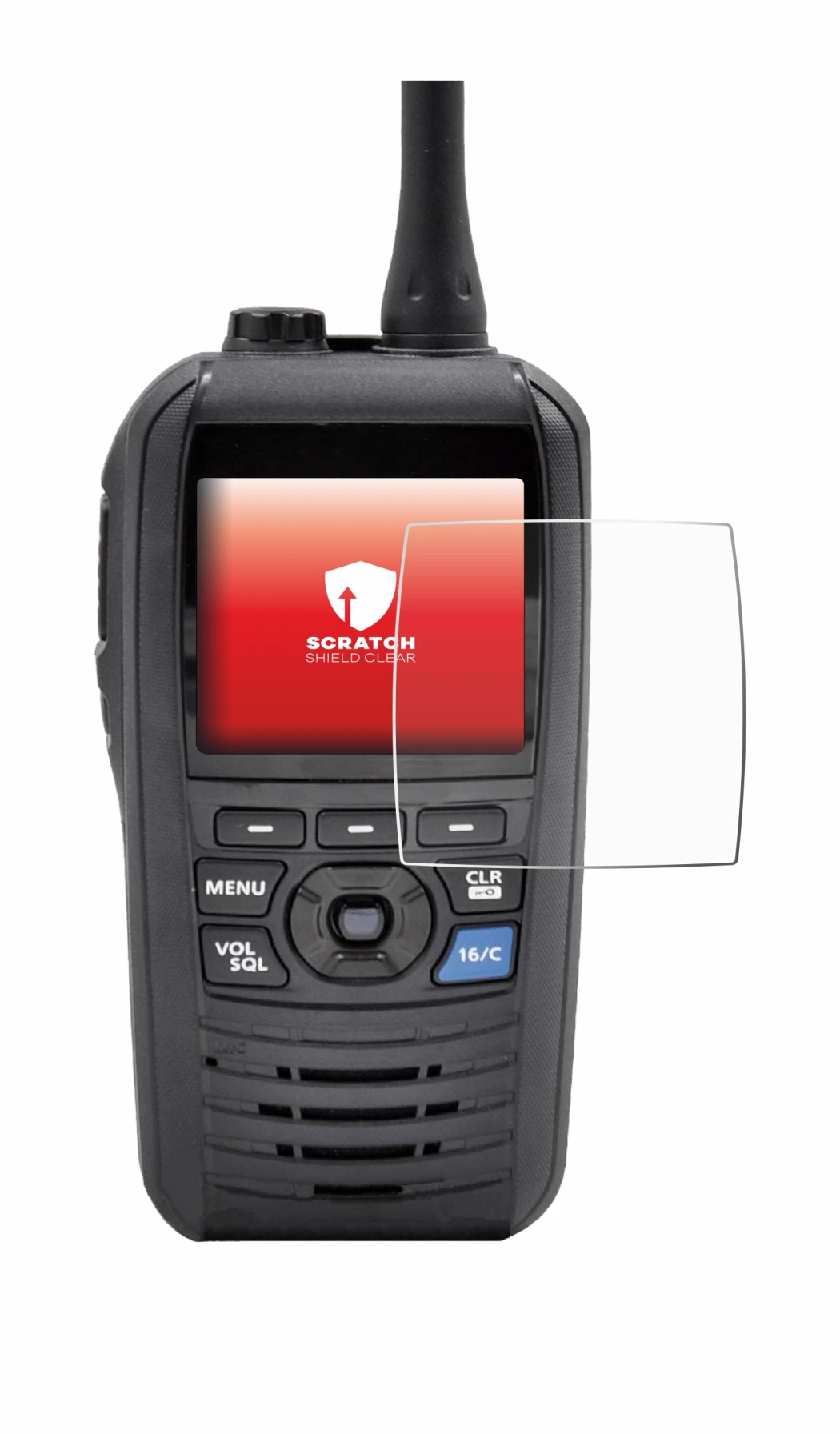 Immagine del dispositivo Icom IC-M94D con un'ampia varietà di protezioni per lo schermo.