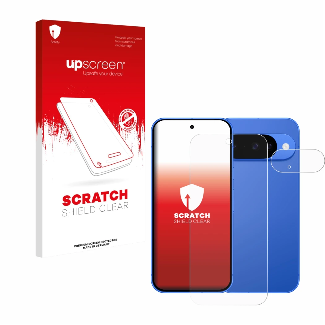 Parte frontale di una confezione del prodotto con il logo del marchio upscreen. Accanto è raffigurato il dispositivo Google Pi