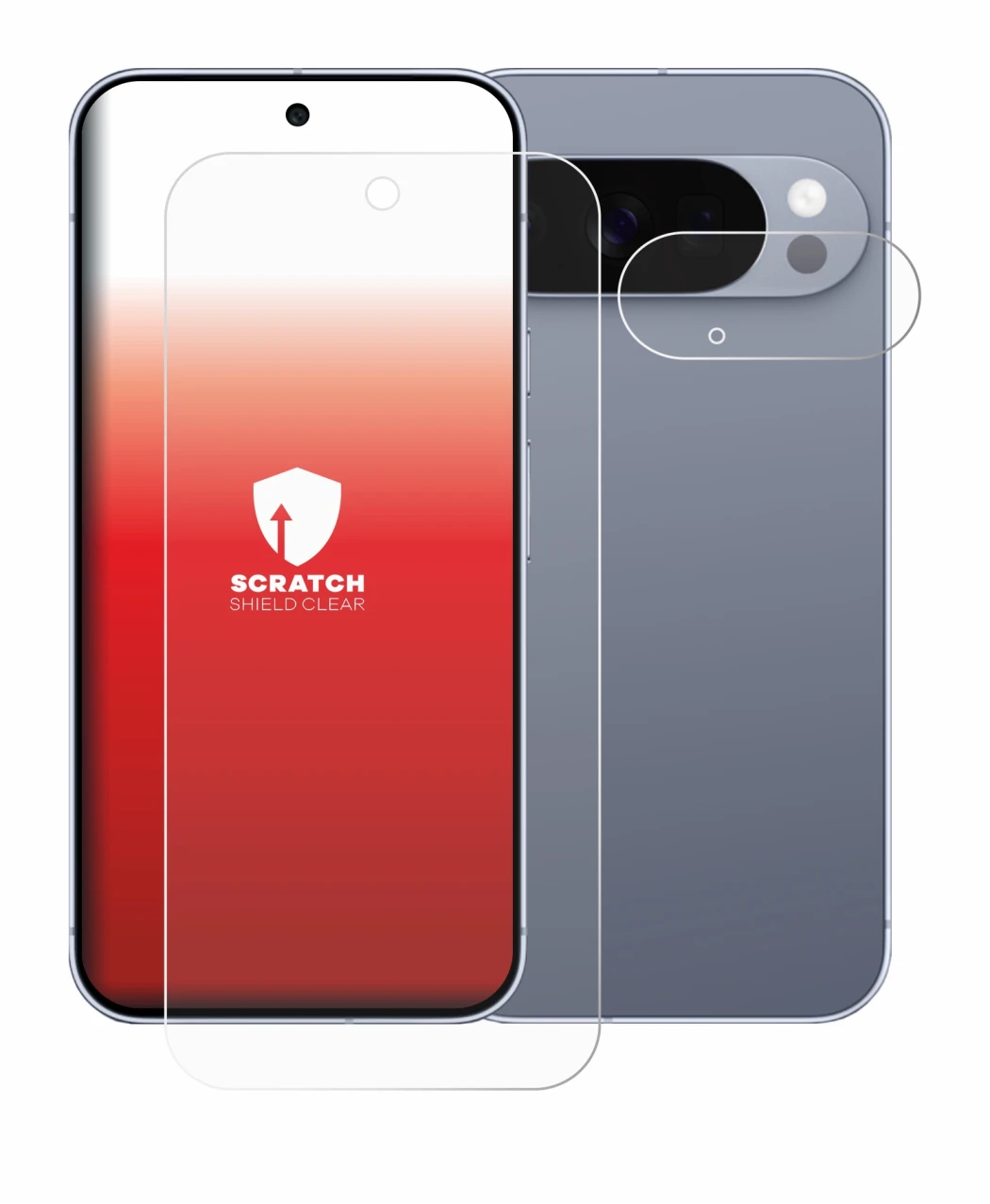 Immagine del dispositivo Google Pixel 10 Pro (Fronte+Fotocamera) con un'ampia varietà di protezioni per lo schermo.