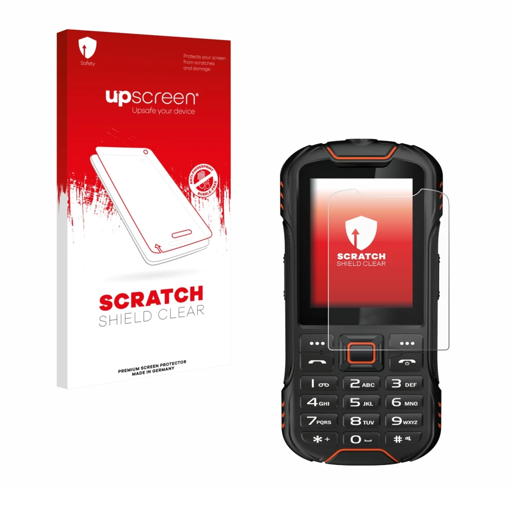 Parte frontale di una confezione del prodotto con il logo del marchio upscreen. Accanto è raffigurato il dispositivo Gigaset G