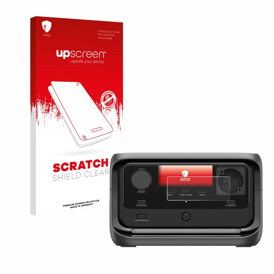 Parte frontale di una confezione del prodotto con il logo del marchio upscreen. Accanto è raffigurato il dispositivo EcoFlow R