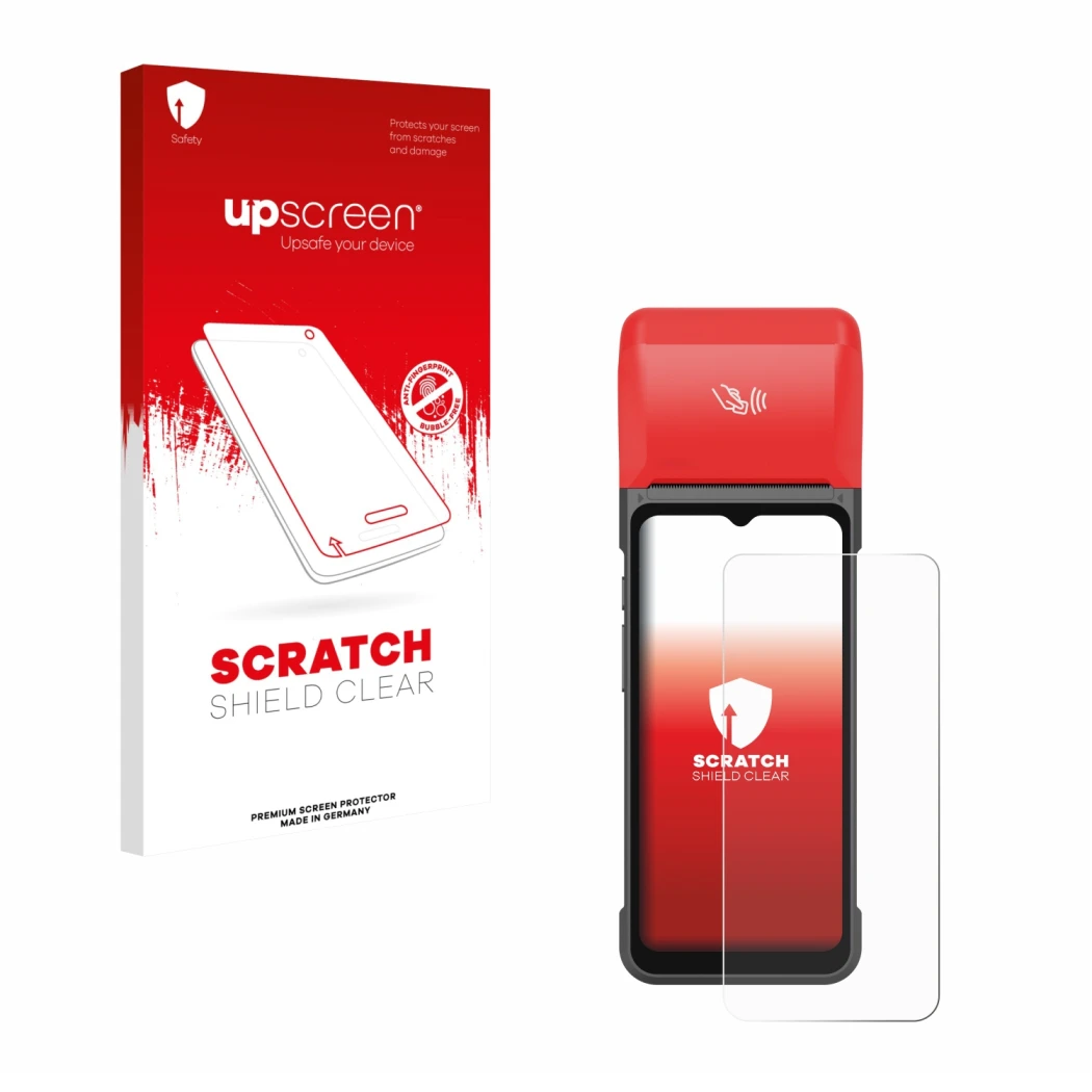 Parte frontale di una confezione del prodotto con il logo del marchio upscreen. Accanto è raffigurato il dispositivo iMin Swif