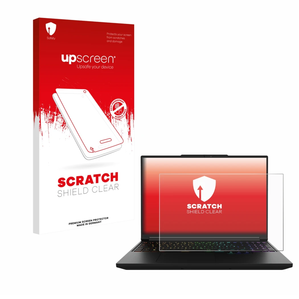Parte frontale di una confezione del prodotto con il logo del marchio upscreen. Accanto è raffigurato il dispositivo XMG Pro 1