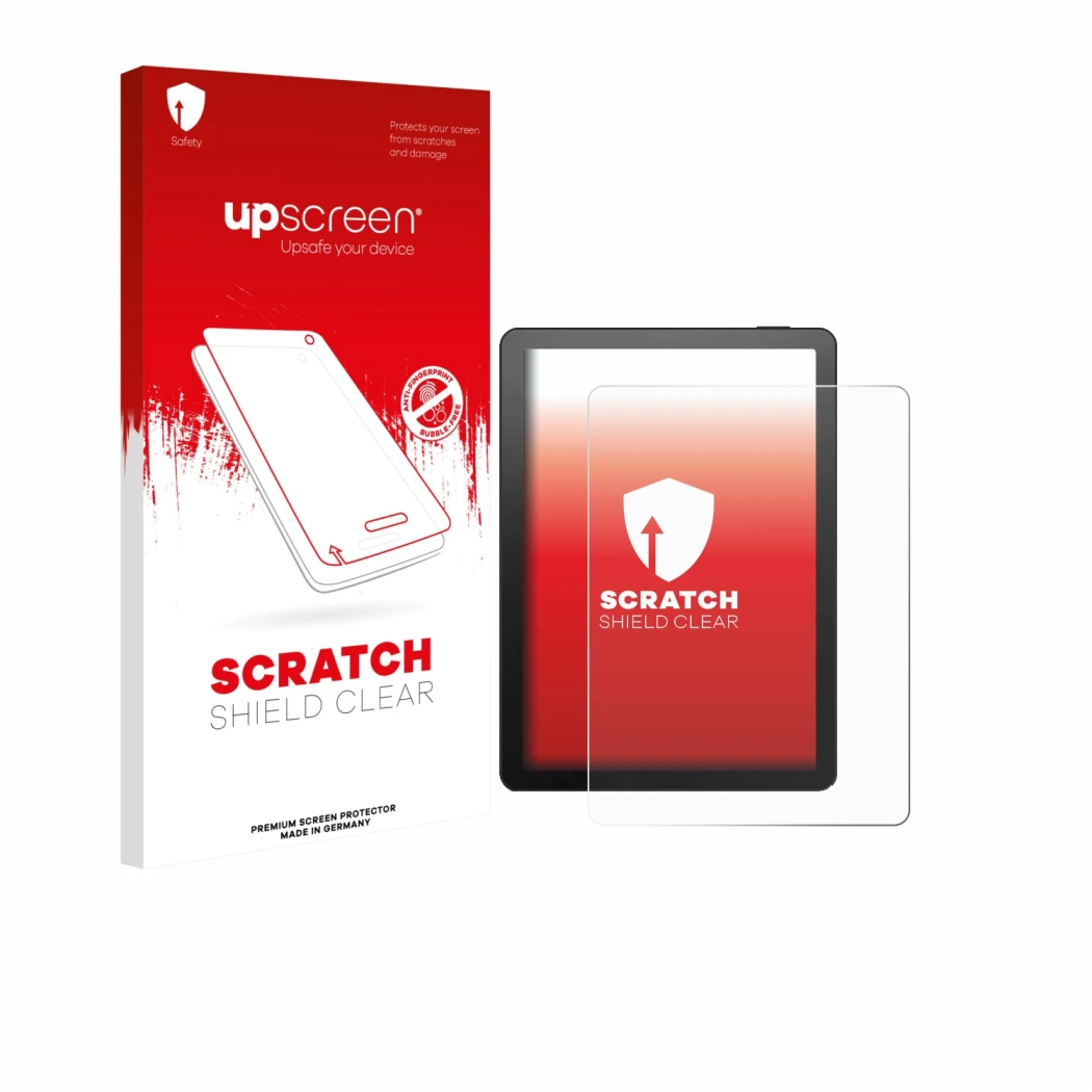Parte frontale di una confezione del prodotto con il logo del marchio upscreen. Accanto è raffigurato il dispositivo Bigme B6