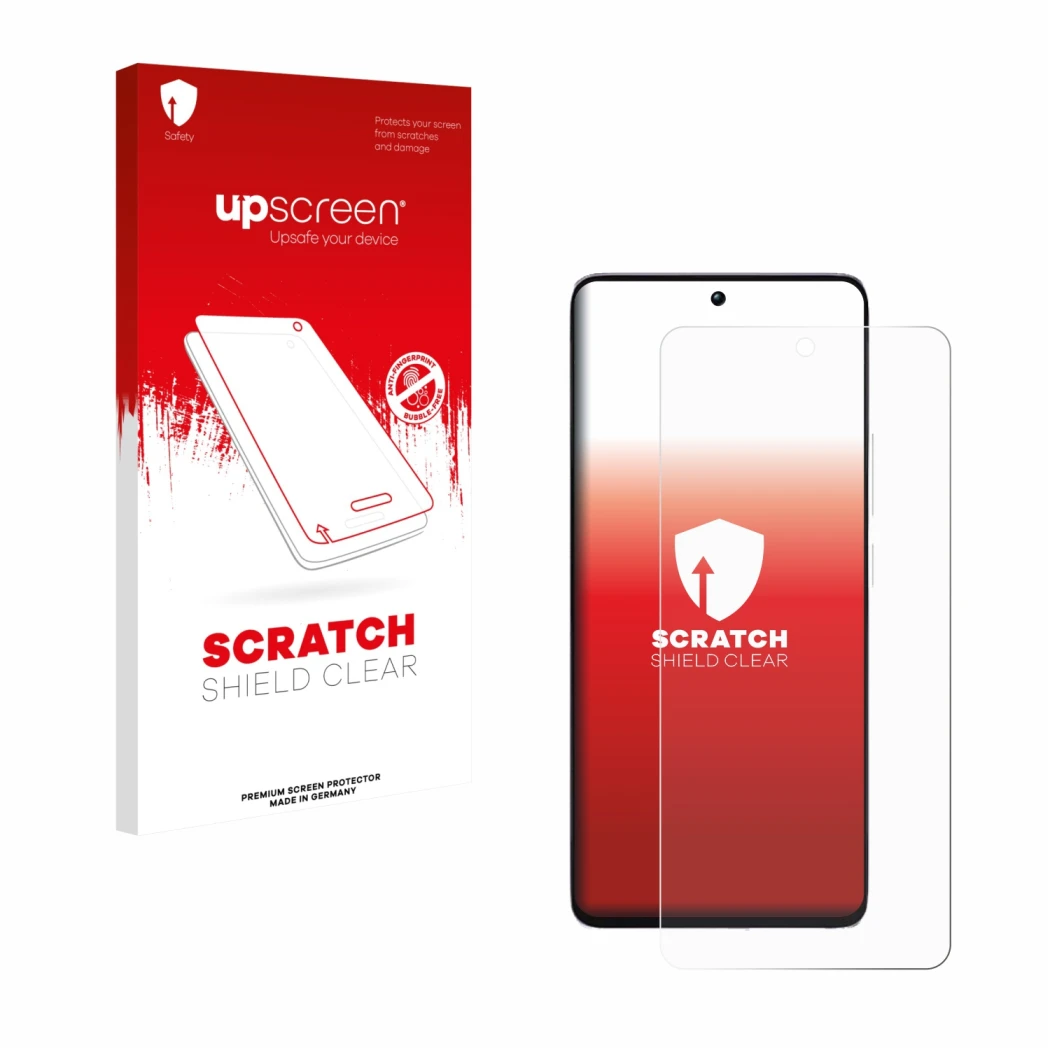 Parte frontale di una confezione del prodotto con il logo del marchio upscreen. Accanto è raffigurato il dispositivo Xiaomi Po
