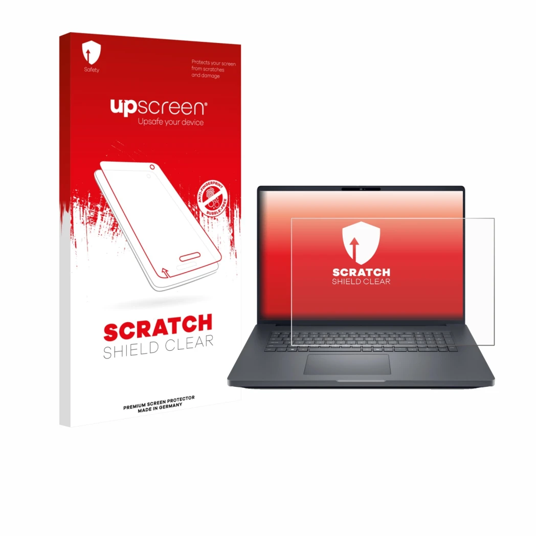 Parte frontale di una confezione del prodotto con il logo del marchio upscreen. Accanto è raffigurato il dispositivo Dell Pro