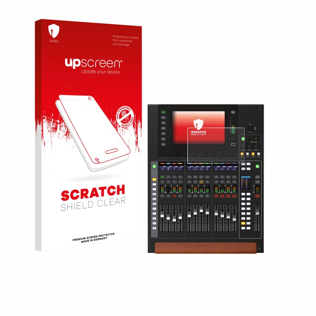 Parte frontale di una confezione del prodotto con il logo del marchio upscreen. Accanto è raffigurato il dispositivo Behringer