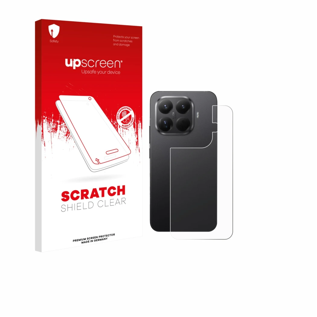 Parte frontale di una confezione del prodotto con il logo del marchio upscreen. Accanto è raffigurato il dispositivo Xiaomi 15