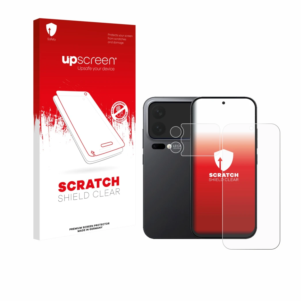 Parte frontale di una confezione del prodotto con il logo del marchio upscreen. Accanto è raffigurato il dispositivo Xiaomi 17