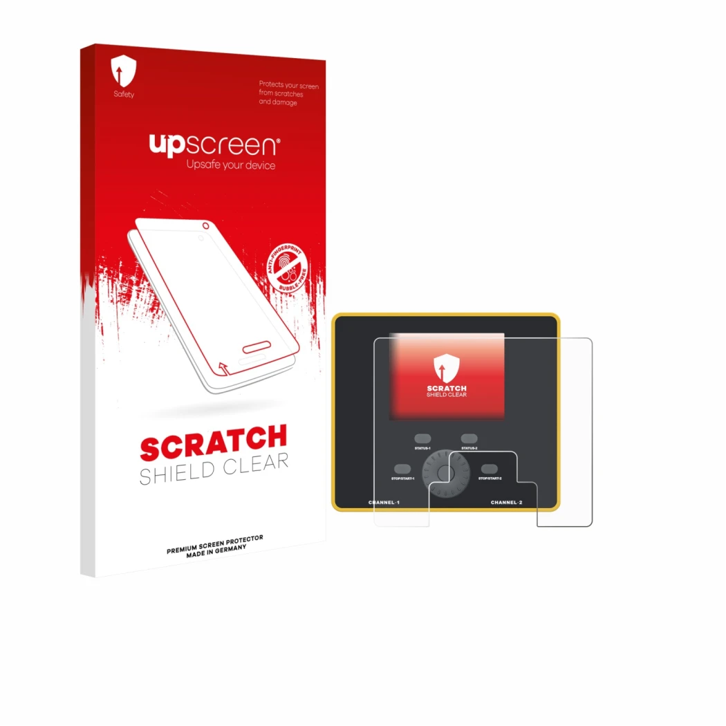 Parte frontale di una confezione del prodotto con il logo del marchio upscreen. Accanto è raffigurato il dispositivo Junsi iCh