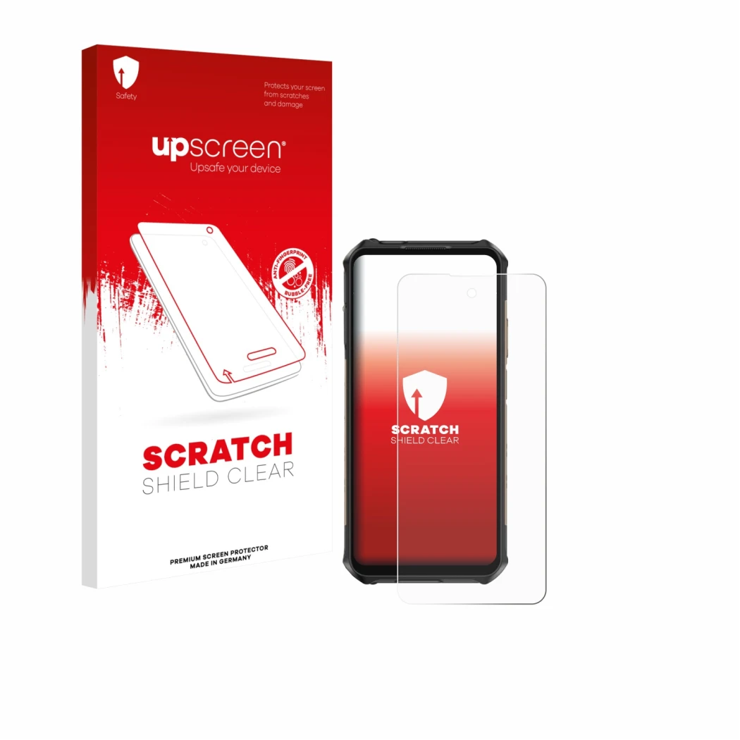 Parte frontale di una confezione del prodotto con il logo del marchio upscreen. Accanto è raffigurato il dispositivo Ulefone A