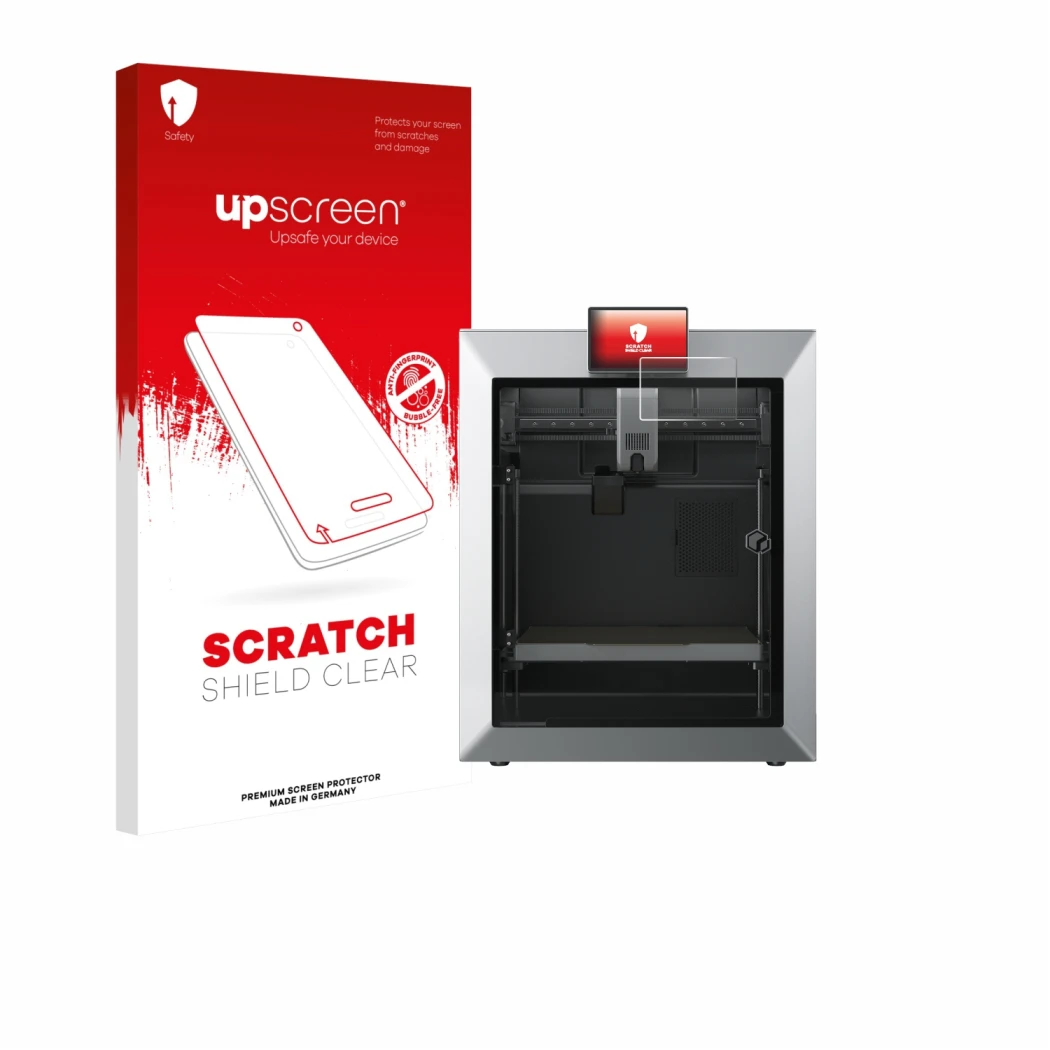 Parte frontale di una confezione del prodotto con il logo del marchio upscreen. Accanto è raffigurato il dispositivo Qidi Tech