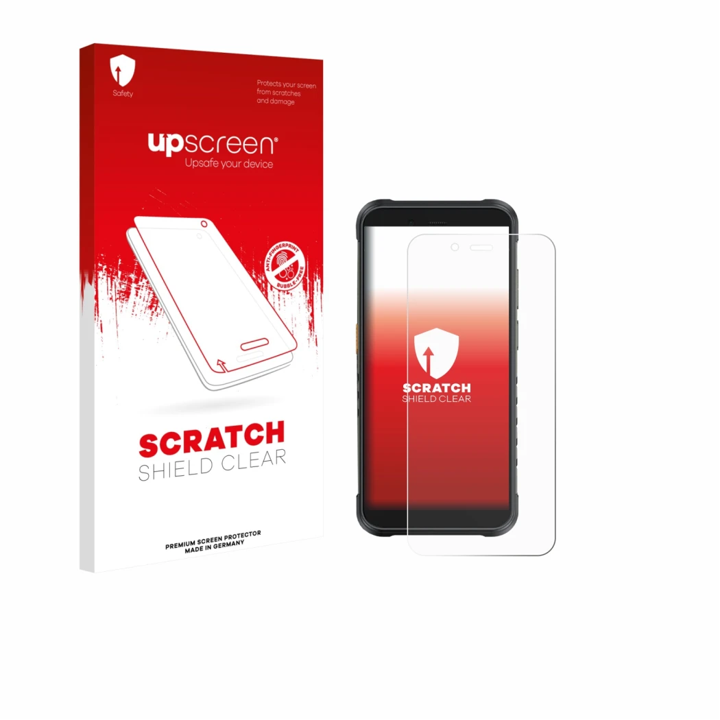 Parte frontale di una confezione del prodotto con il logo del marchio upscreen. Accanto è raffigurato il dispositivo Ulefone R
