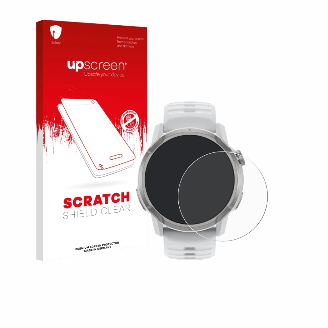 Parte frontale di una confezione del prodotto con il logo del marchio upscreen. Accanto è raffigurato il dispositivo Coros Ape