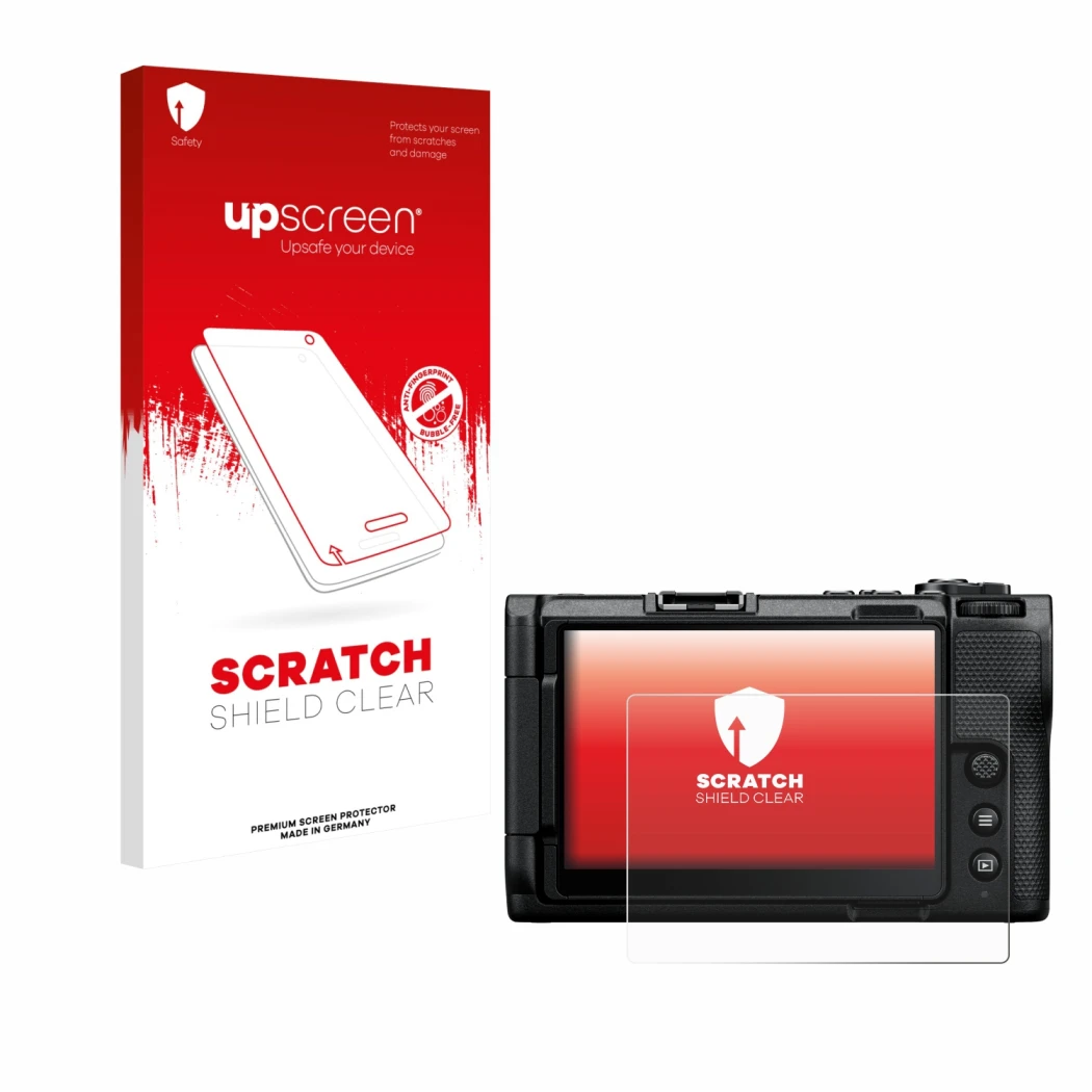 Parte frontale di una confezione del prodotto con il logo del marchio upscreen. Accanto è raffigurato il dispositivo Nikon ZR 