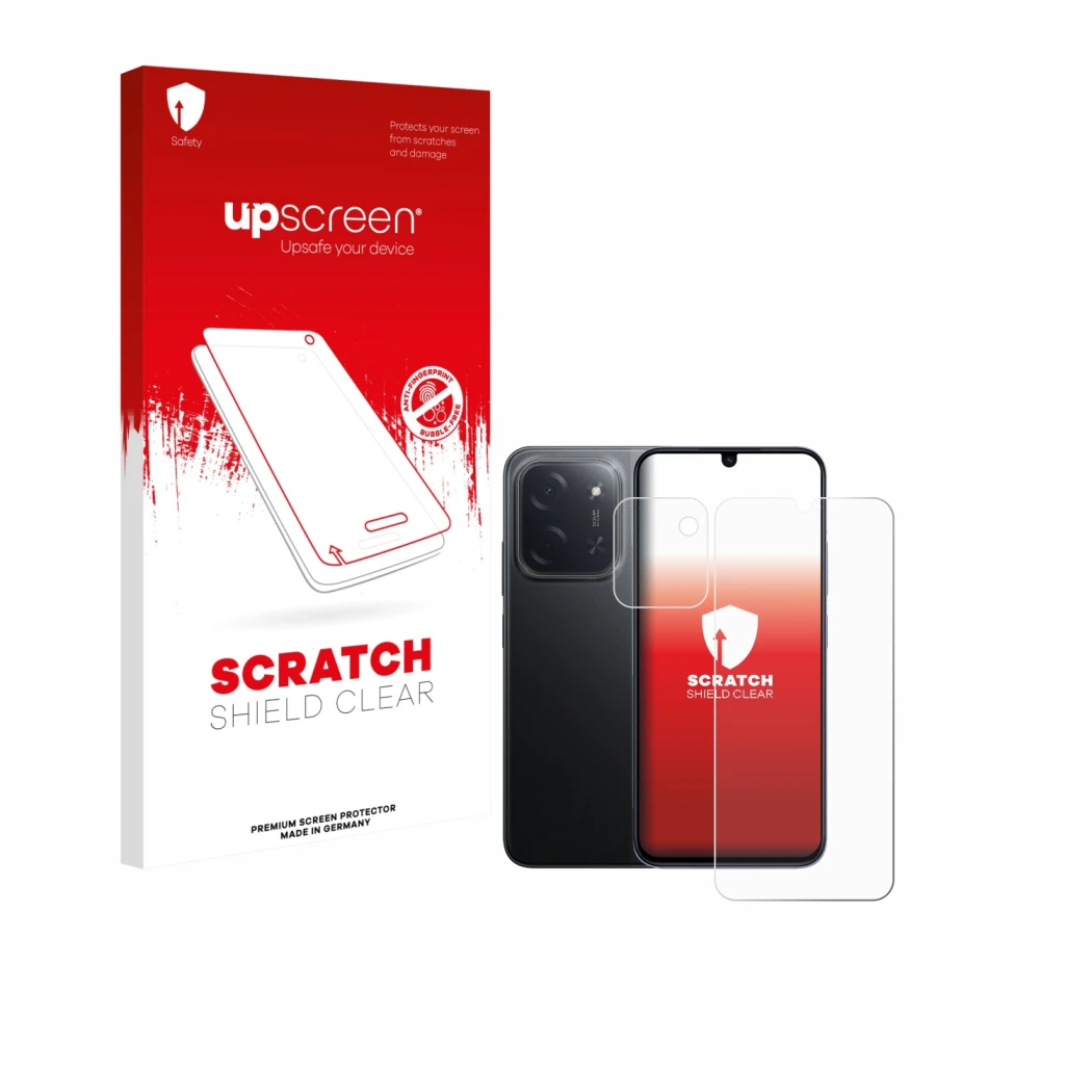 Parte frontale di una confezione del prodotto con il logo del marchio upscreen. Accanto è raffigurato il dispositivo Xiaomi Po