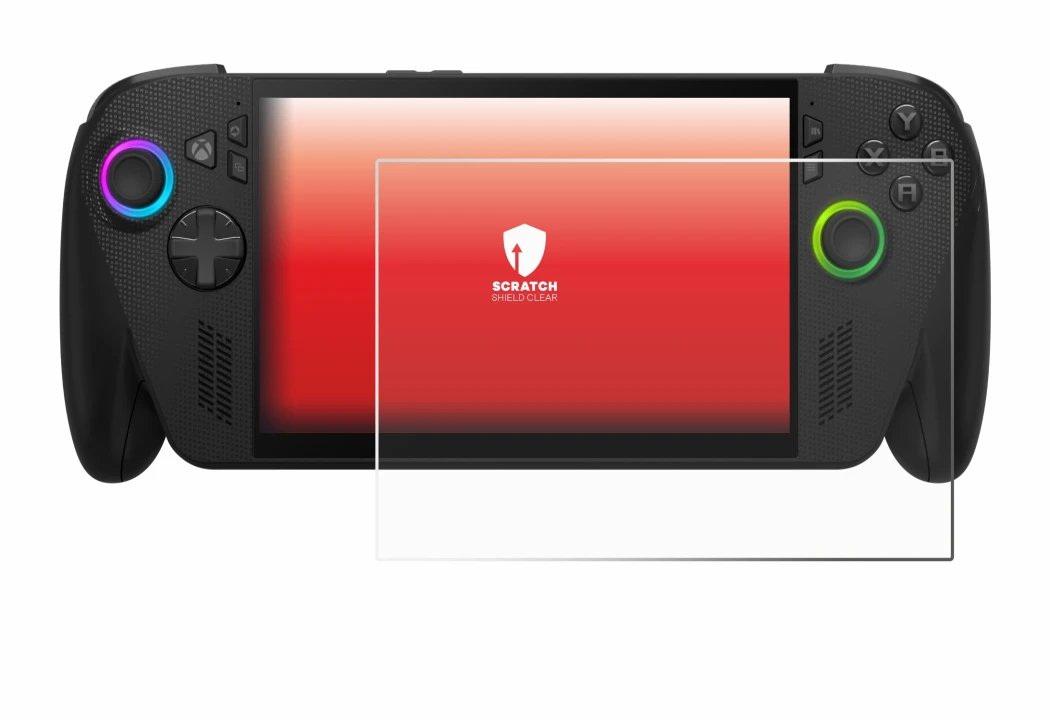 Immagine del dispositivo ASUS ROG Ally X 2025 con un'ampia varietà di protezioni per lo schermo.