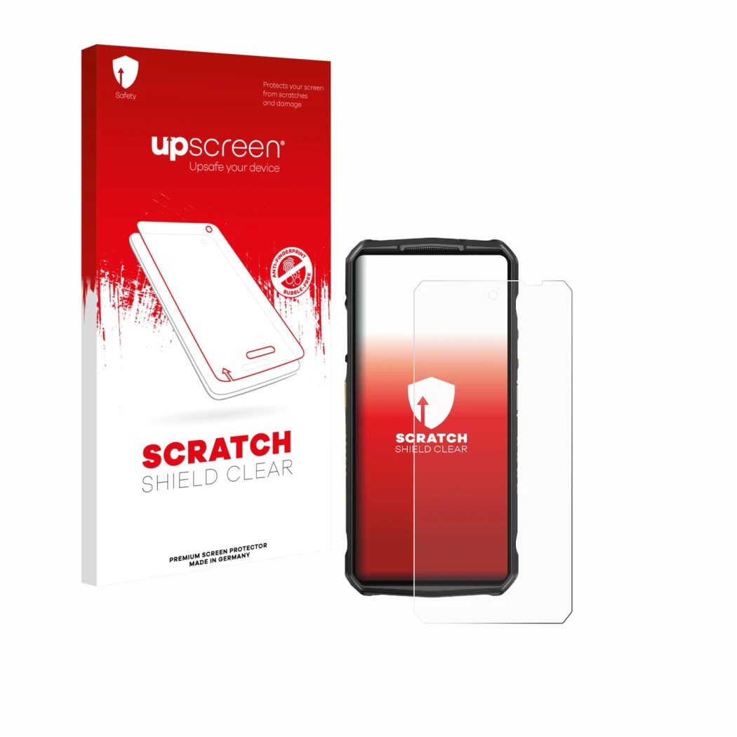 Parte frontale di una confezione del prodotto con il logo del marchio upscreen. Accanto è raffigurato il dispositivo Ulefone 2