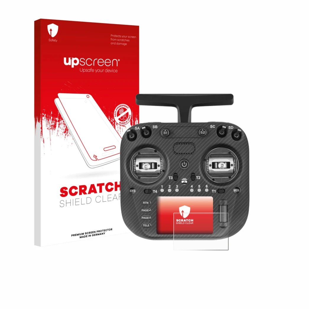 Parte frontale di una confezione del prodotto con il logo del marchio upscreen. Accanto è raffigurato il dispositivo Radiomast