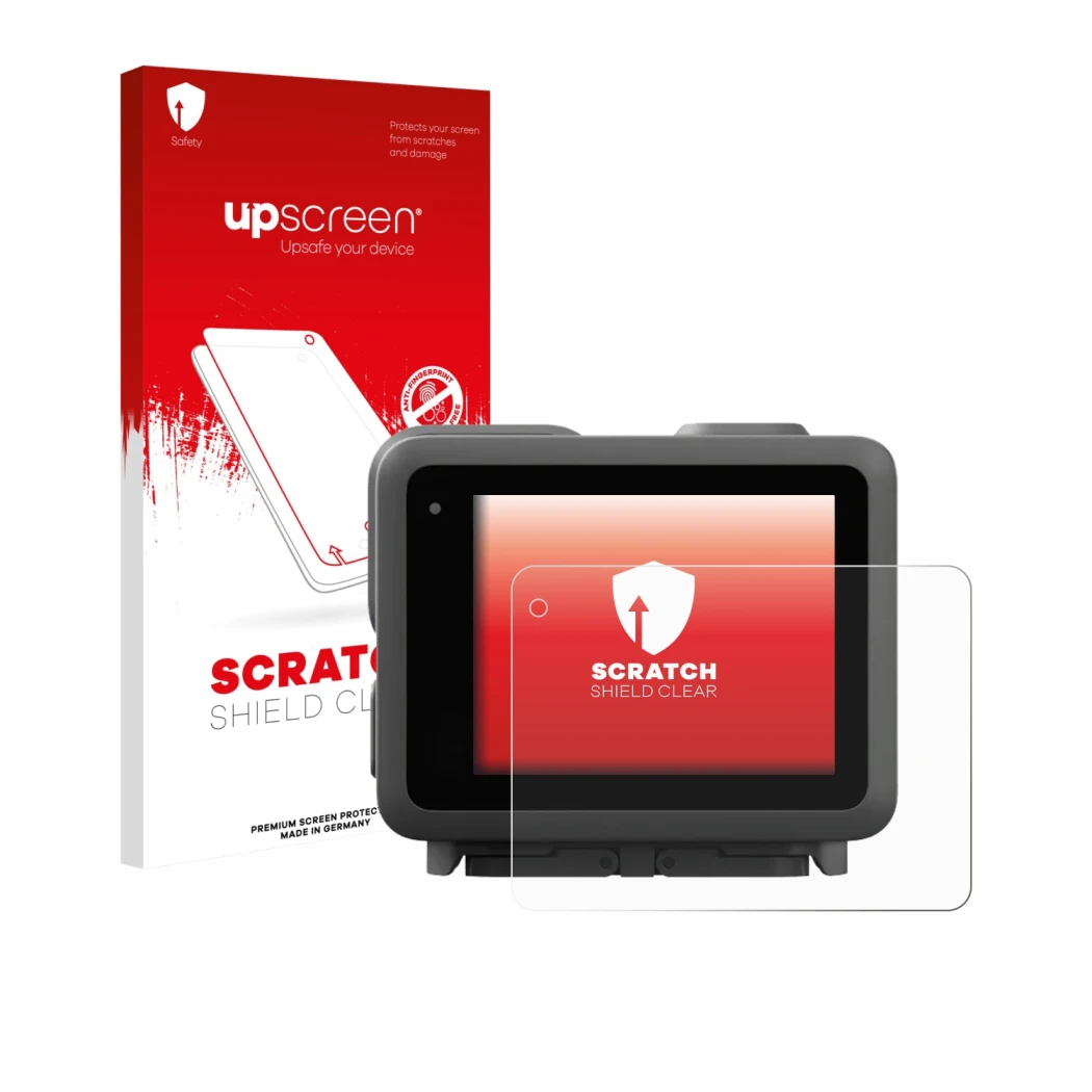 Parte frontale di una confezione del prodotto con il logo del marchio upscreen. Accanto è raffigurato il dispositivo GoPro Lit