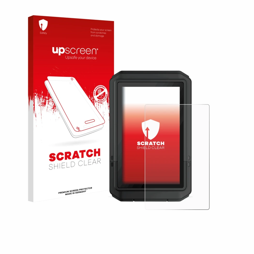 Parte frontale di una confezione del prodotto con il logo del marchio upscreen. Accanto è raffigurato il dispositivo Garmin eT