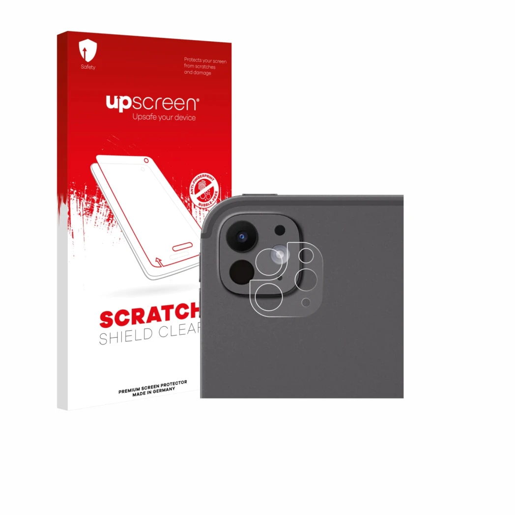 Parte frontale di una confezione del prodotto con il logo del marchio upscreen. Accanto è raffigurato il dispositivo Apple iPa