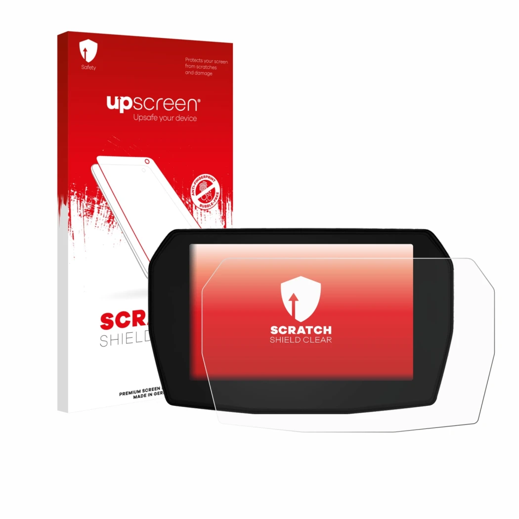 Parte frontale di una confezione del prodotto con il logo del marchio upscreen. Accanto è raffigurato il dispositivo Ducati Mu