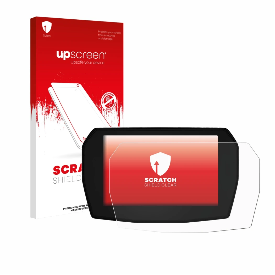 Parte frontale di una confezione del prodotto con il logo del marchio upscreen. Accanto è raffigurato il dispositivo Ducati Pa