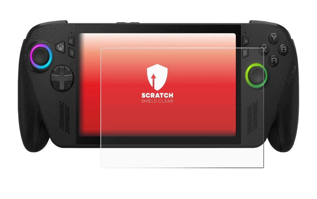 Immagine del dispositivo ASUS ROG Xbox Ally X con un'ampia varietà di protezioni per lo schermo.