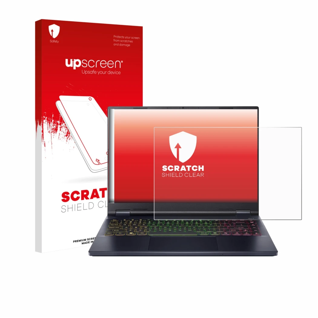 Parte frontale di una confezione del prodotto con il logo del marchio upscreen. Accanto è raffigurato il dispositivo Acer Pred