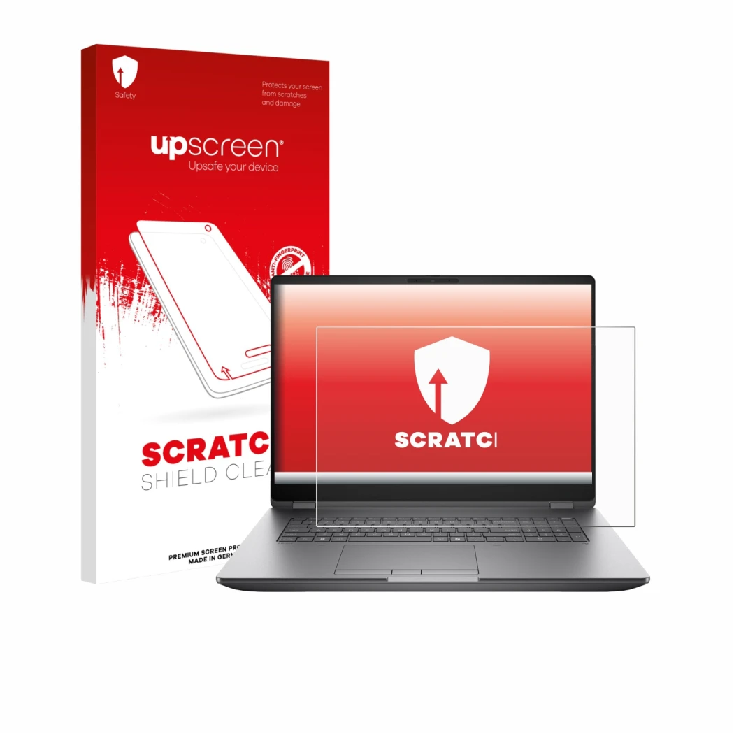 Parte frontale di una confezione del prodotto con il logo del marchio upscreen. Accanto è raffigurato il dispositivo HP Zbook 