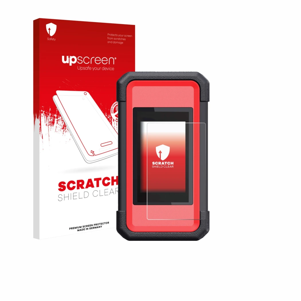 Parte frontale di una confezione del prodotto con il logo del marchio upscreen. Accanto è raffigurato il dispositivo Launch X4