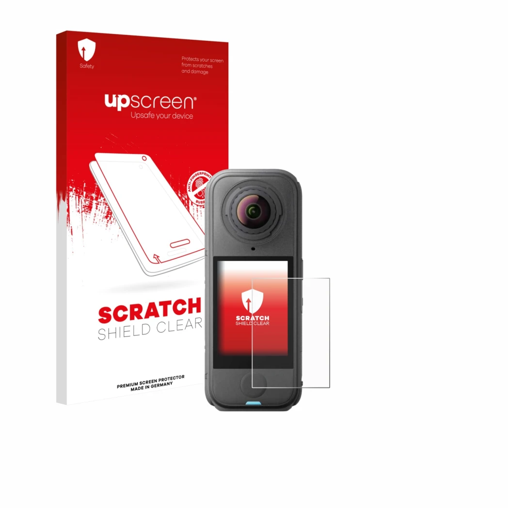 Parte frontale di una confezione del prodotto con il logo del marchio upscreen. Accanto è raffigurato il dispositivo Insta360