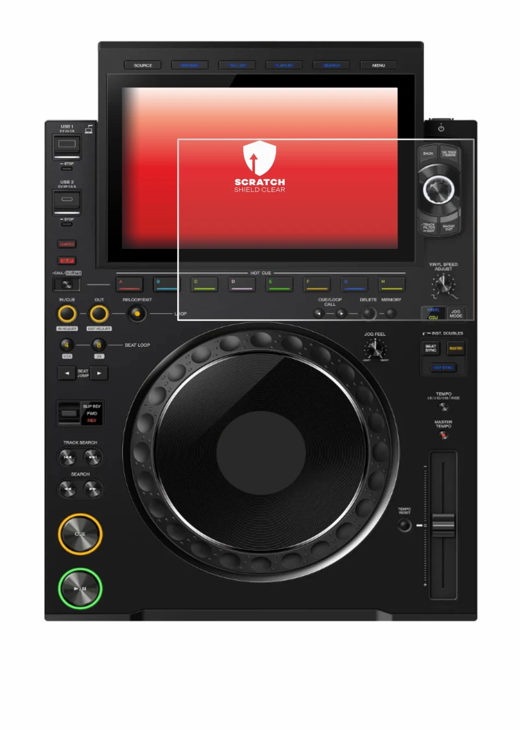 Immagine del dispositivo Pioneer CDJ 3000X con un'ampia varietà di protezioni per lo schermo.