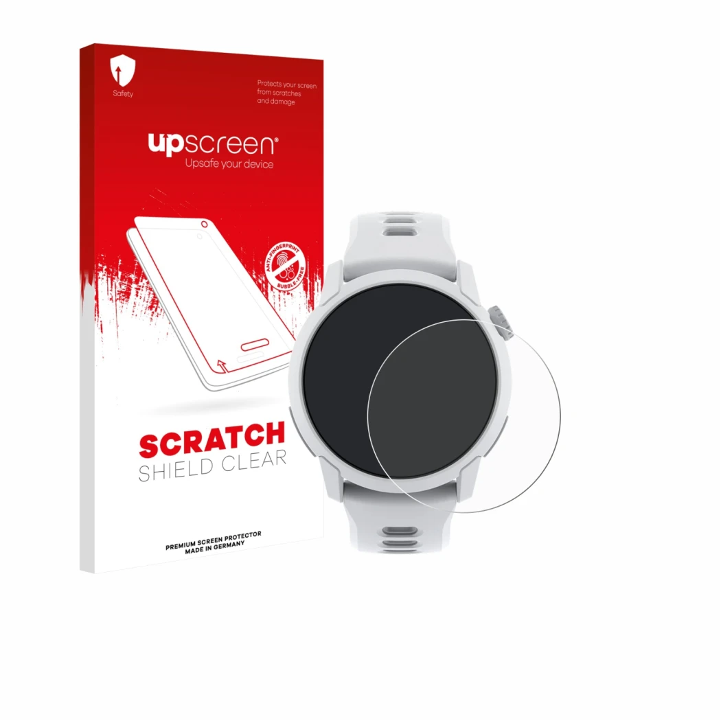 Parte frontale di una confezione del prodotto con il logo del marchio upscreen. Accanto è raffigurato il dispositivo Coros Pac