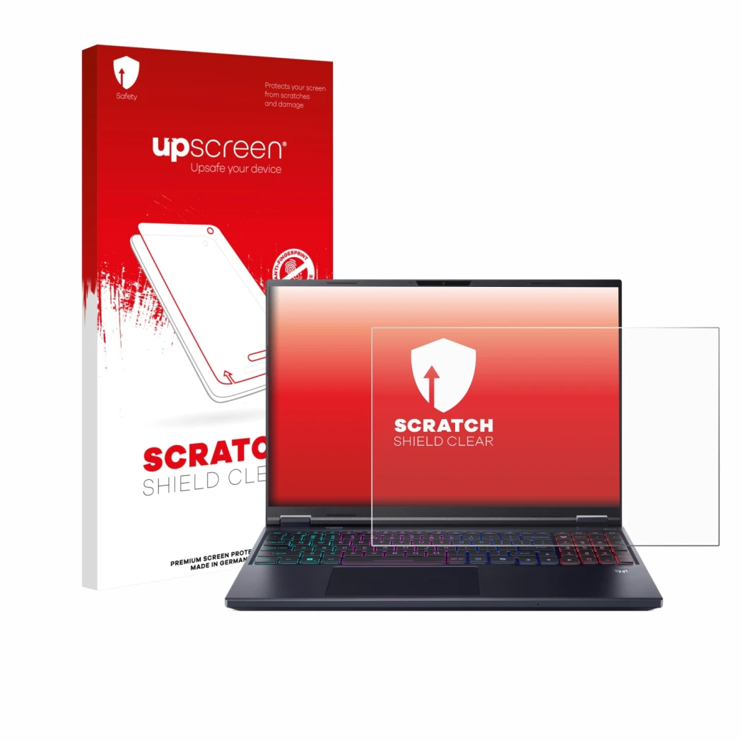 Parte frontale di una confezione del prodotto con il logo del marchio upscreen. Accanto è raffigurato il dispositivo Acer Pred