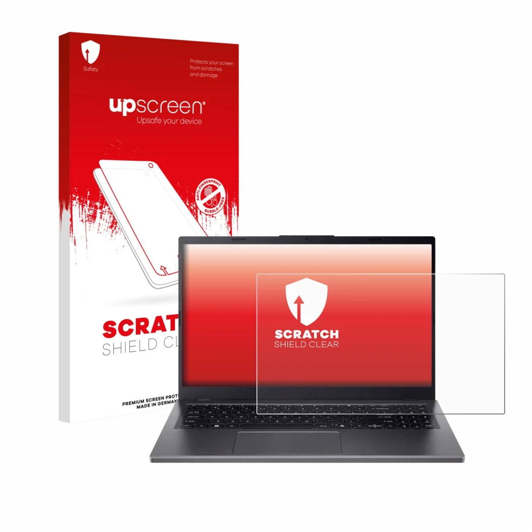 Parte frontale di una confezione del prodotto con il logo del marchio upscreen. Accanto è raffigurato il dispositivo Acer Aspi