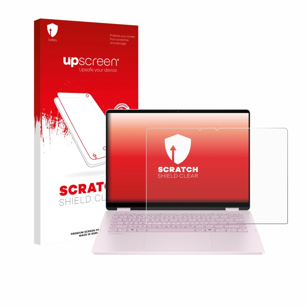 Parte frontale di una confezione del prodotto con il logo del marchio upscreen. Accanto è raffigurato il dispositivo HP OmniBo
