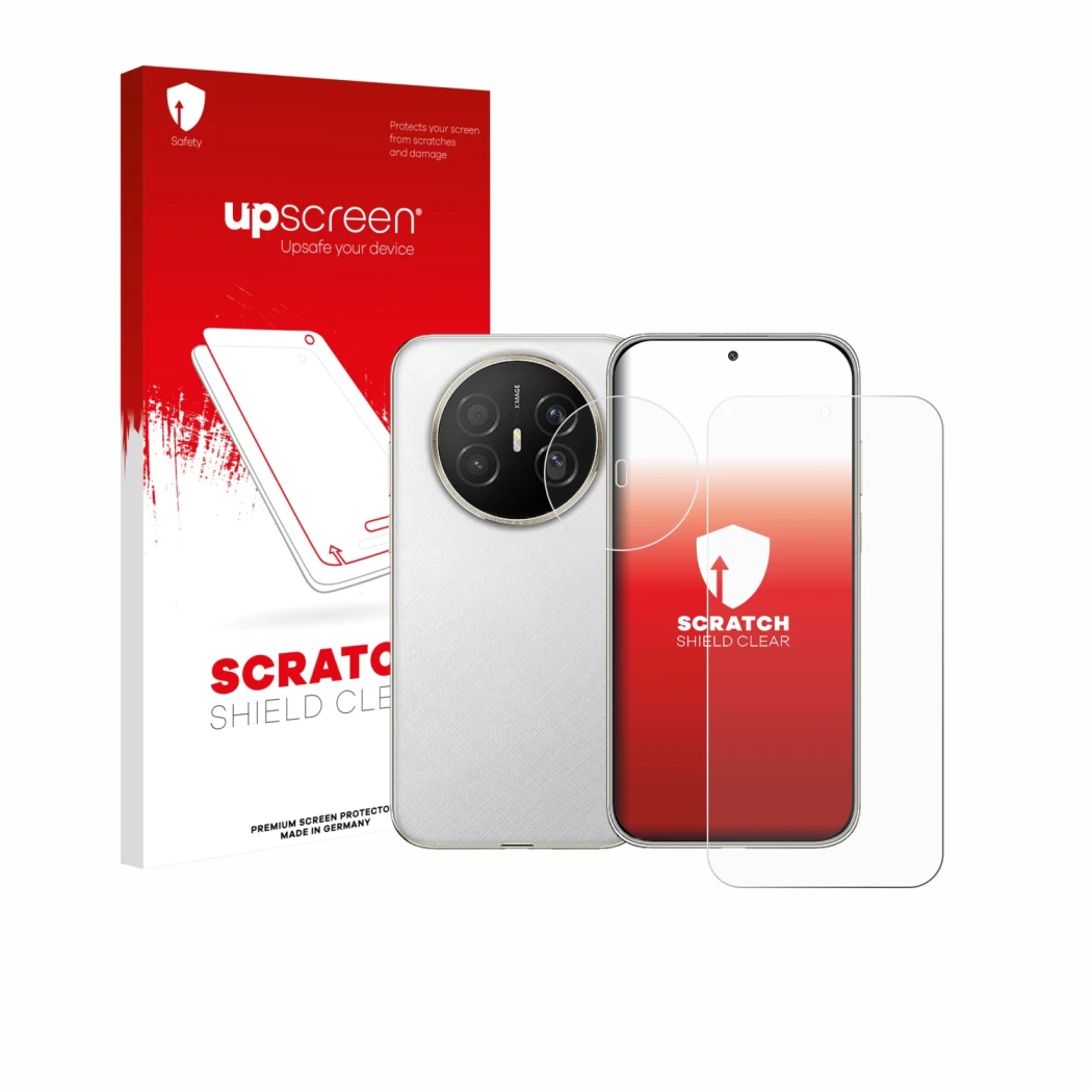 Parte frontale di una confezione del prodotto con il logo del marchio upscreen. Accanto è raffigurato il dispositivo Huawei Ma