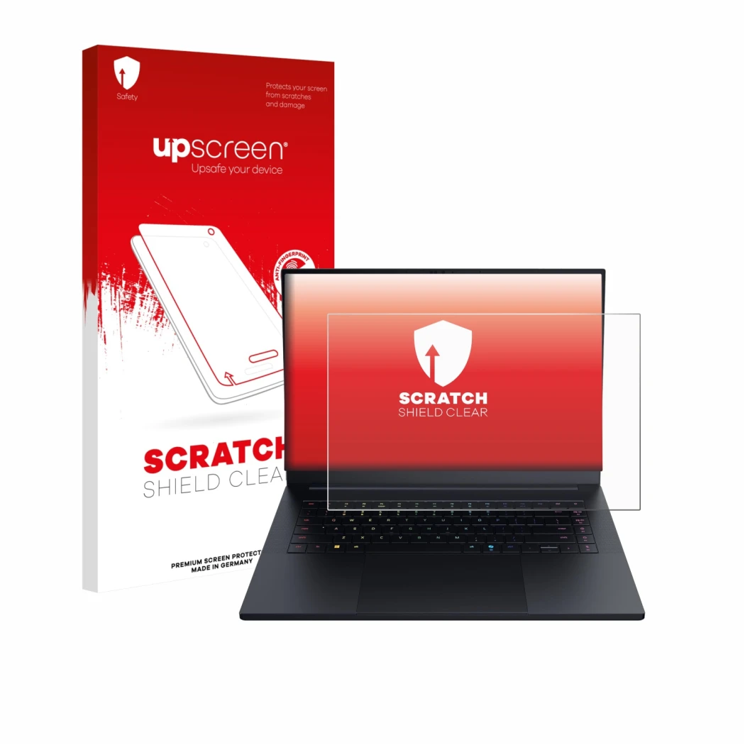 Parte frontale di una confezione del prodotto con il logo del marchio upscreen. Accanto è raffigurato il dispositivo Razer Bla