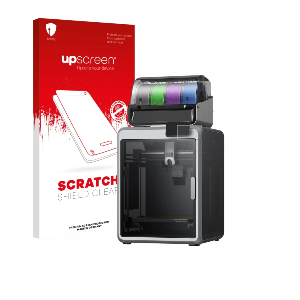 Parte frontale di una confezione del prodotto con il logo del marchio upscreen. Accanto è raffigurato il dispositivo Creality