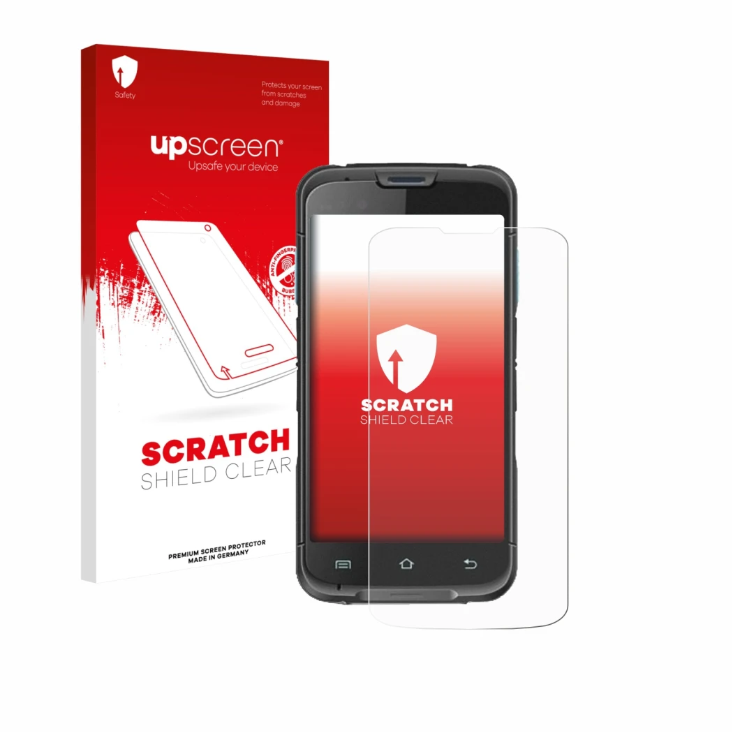 Parte frontale di una confezione del prodotto con il logo del marchio upscreen. Accanto è raffigurato il dispositivo Unitech E