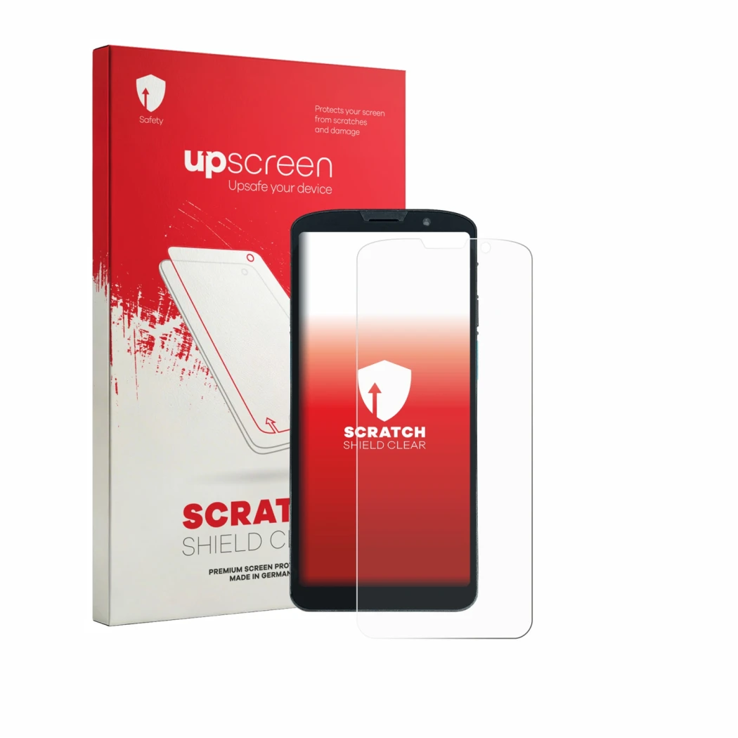Parte frontale di una confezione del prodotto con il logo del marchio upscreen. Accanto è raffigurato il dispositivo Unitech E