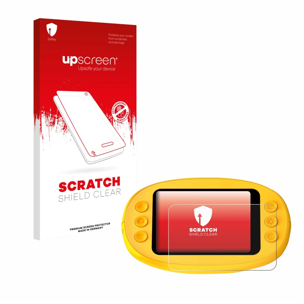 Parte frontale di una confezione del prodotto con il logo del marchio upscreen. Accanto è raffigurato il dispositivo Ashfly in